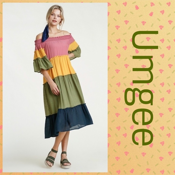 Umgee Dresses & Skirts - Umgee Colorblock Off Shoulder Tiered Ruffled Dress
